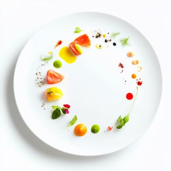 A white plate used as a blank canvas for a vibrantly colored dish, showcasing the contrast between the plate and the ingredients, the use of white to make color pop and create a dramatic effect, photo