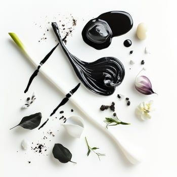 A monochromatic composition, ingredients all in shades of a single color, such as black or white, creating a dramatic and minimalist effect, a bold artistic statement in food presentation, isolated on photo