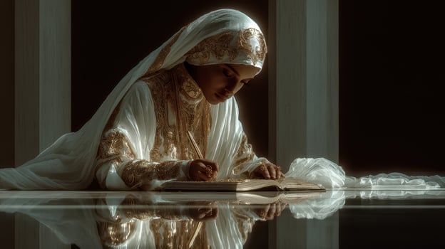 Young woman in traditional attire writing in a book while seated in a serene, well-lit space photo