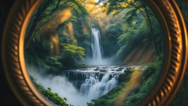 Waterfall Cascading Through Forest Seen Through Golden Frame with Sunrays photo