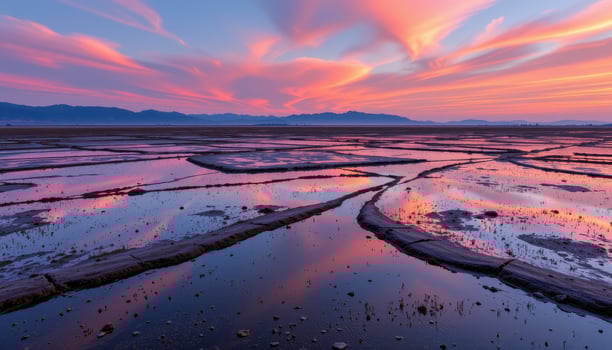 a vast landscape of mudflats reflecting a pastel dawn sky. photo