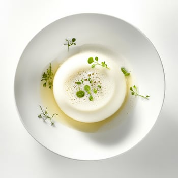A white bowl with a dish of cream and herbs photo