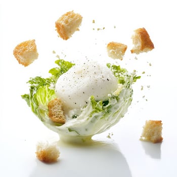 A salad with croutons and a poached egg photo