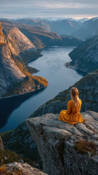Exploring a breathtaking fjord landscape with a woman in a yellow dress during sunset photo