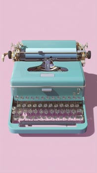 Vintage turquoise typewriter on a pink background emphasizing retro aesthetics and nostalgic charm photo