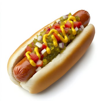 A classic American hot dog in a soft bun, topped with mustard, ketchup, diced onions, and relish. The sausage has a perfect snap when bitten into, making it a must-have street food favorite. Isolated photo