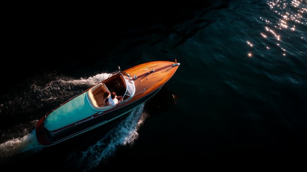 Luxurious wooden boat gliding through calm waters at sunset with a serene atmosphere photo