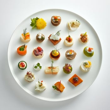 An artfully arranged plate of small bites, each a miniature version of a larger dish, showcasing the chef's skill in creating diverse and complex flavors in a bite-sized format, the artistry of photo