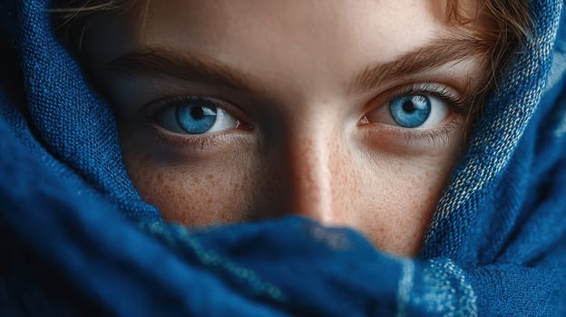Close-up portrait of a person with striking blue eyes, wrapped in a blue scarf, capturing a moment of curiosity and wonder photo