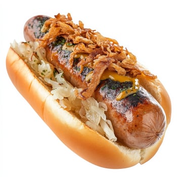 A perfectly grilled bratwurst sausage served in a toasted bun with sauerkraut, mustard, and crispy fried onions. A delicious German-inspired street food favorite. Isolated on clean white background photo