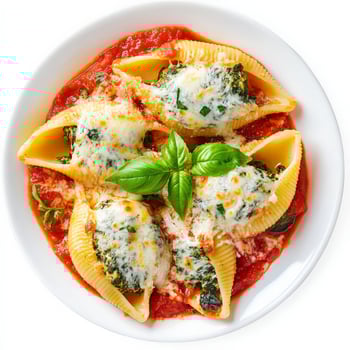 A warm plate of cheesy spinach and ricotta stuffed shells, baked in marinara sauce, topped with melted mozzarella and fresh basil. An Italian comfort dish. Isolated on clean white background photo