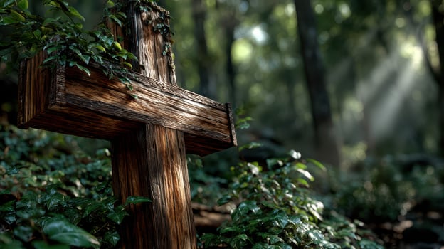 Wooden cross surrounded by lush greenery in a serene forest with soft sunlight filtering through trees photo