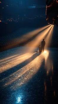 Skater prepares stage at a theater with golden light beams illuminating the ice surface photo