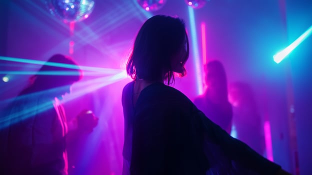 Vibrant party atmosphere with colorful lights and silhouettes dancing in urban nightlife photo