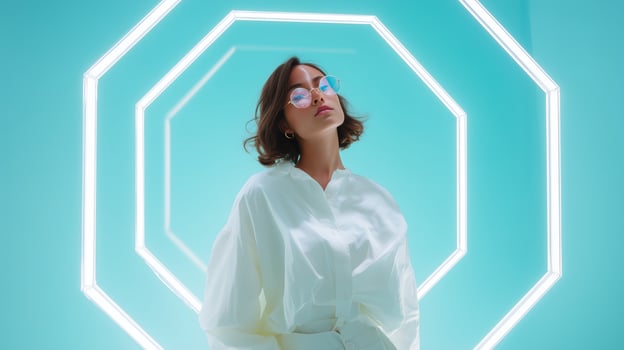 Model poses stylishly in modern setting with glowing geometric light arrangement and vibrant background color photo