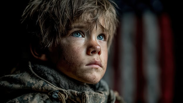 Boy with expressive blue eyes in military attire gazes upward against a dark background with a flag photo