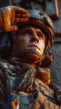Soldier saluting in tactical gear during sunset at a military base photo