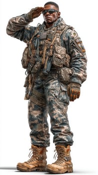 Soldier saluting in military attire with tactical gear during a daytime training exercise photo