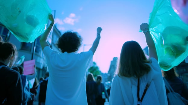 Youth activists participate in a climate march holding up green bags on a sunny day in an urban setting photo
