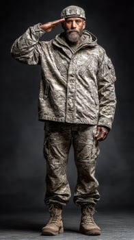 Veteran saluting in military uniform with a serious expression against a dark background photo