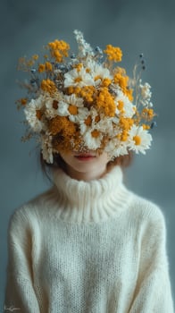 Unique floral arrangement on a person's head in a soft, artistic indoor setting during daylight photo
