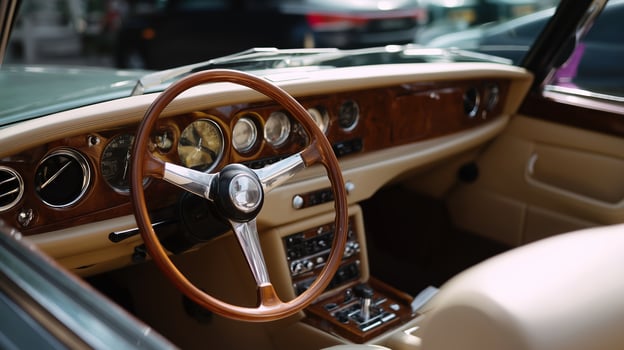 Vintage luxury car interior showcasing classic design and craftsmanship at a car show during a sunny afternoon photo