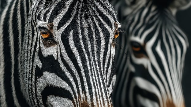 Close-up of two zebras with striking patterns in a natural setting during daylight hours photo