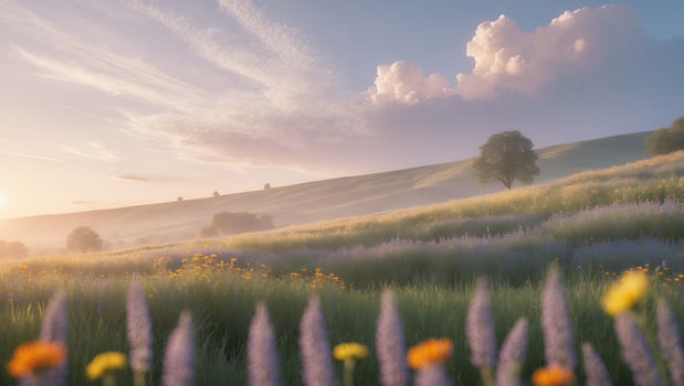 Rolling Hill Meadow with Flowers and Trees at Sunset Scenery photo