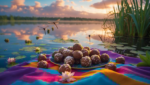 Chocolate Coconut Balls on a Lake Blanket with Dragonflies at Sunset photo