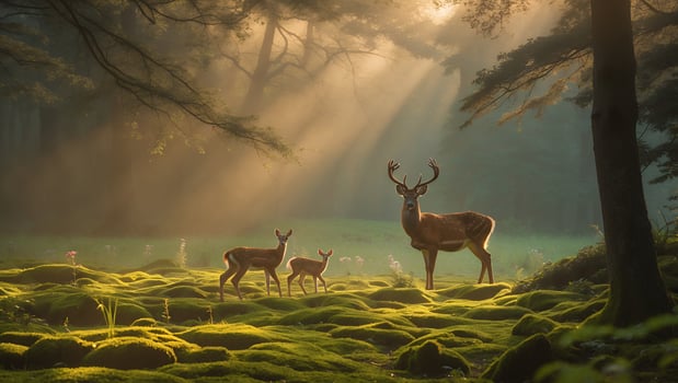 Deer Family Standing in Sunlit Forest Glade with Mossy Ground photo