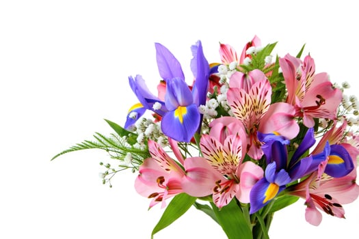 Bouquet of pink Alstroemeria and purple Iris flowers on white background photo