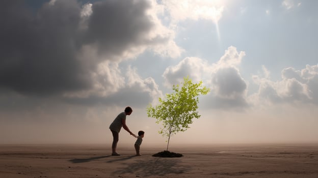 Mother and child planting a tree under cloudy skies during the late afternoon photo
