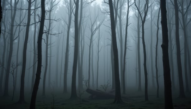 a dense forest cloaked in thick mist, with tree trunks fading into the foggy distance. photo