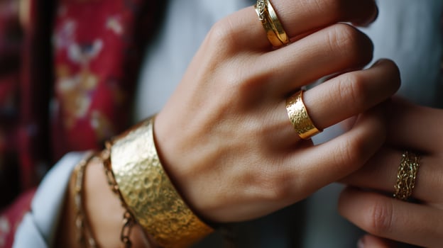 Elegant display of handcrafted gold jewelry worn by a hand in a cozy indoor setting photo