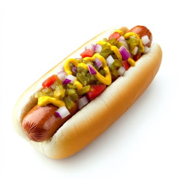 A classic American hot dog in a soft bun, topped with mustard, ketchup, diced onions, and relish. The sausage has a perfect snap when bitten into, making it a must-have street food favorite. Isolated on clean white background photo