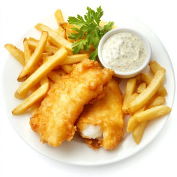 Fish and chips on a white plate with a side dish photo