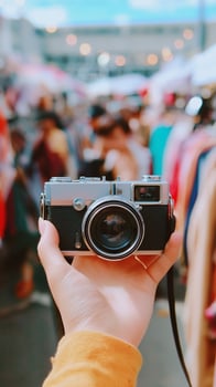 Capturing memories with a vintage camera at a bustling outdoor market filled with vibrant colors and diverse people photo
