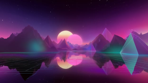 Colorful mountains and geometric shapes are reflected in a tranquil lake under a vibrant sunset photo