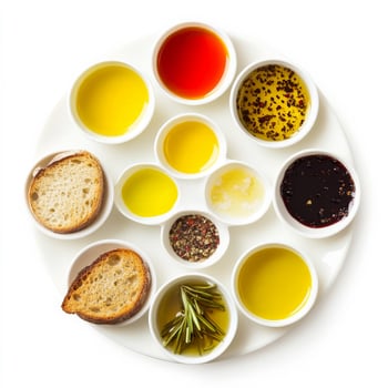 A plate with bread, olive oil, and other ingredients photo