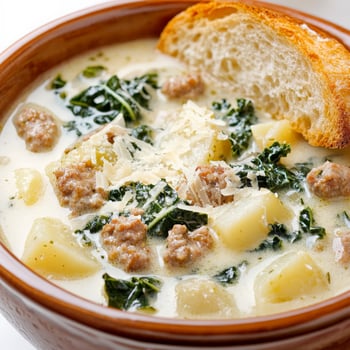 A bowl of soup with bread and sausage photo