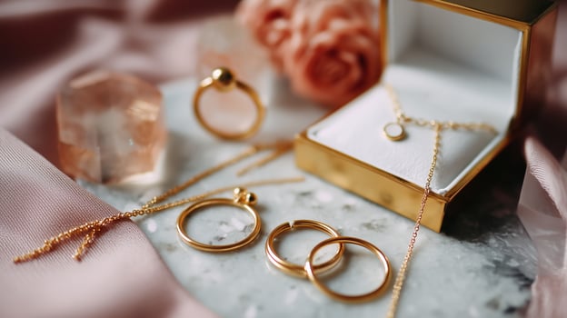 Elegant gold jewelry collection displayed on a marble surface with soft fabric and floral accents photo