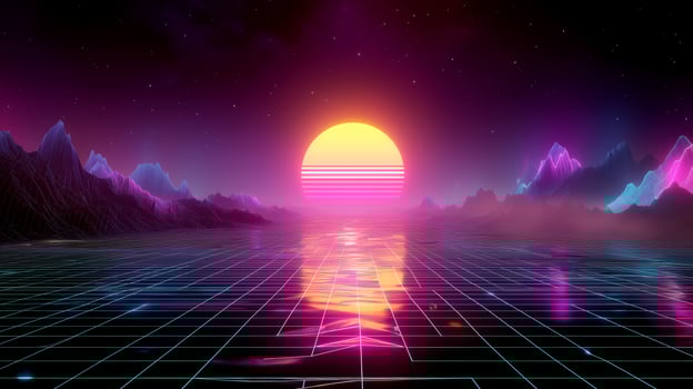 Vibrant sunset over a digital landscape with neon hues and grid patterns photo