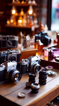 Vintage cameras and lenses displayed on wooden table in a cozy shop filled with warm lighting photo