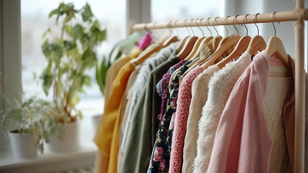 Colorful clothing rack displaying various garments in a cozy indoor setting during daylight photo
