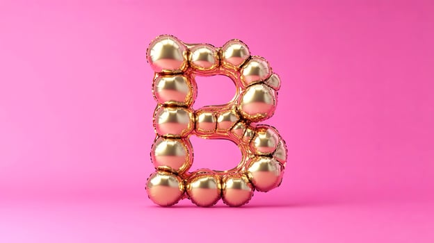Golden balloon letter B stands prominently against a vibrant pink background, showcasing a playful and festive atmosphere, perfect for celebrations and events photo