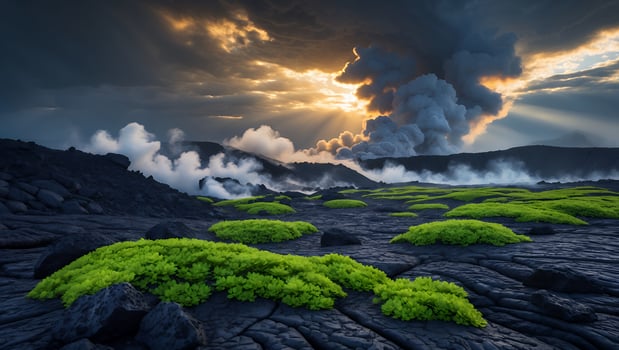 Volcanic Landscape with Green Moss and Dramatic Sky at Sunset photo