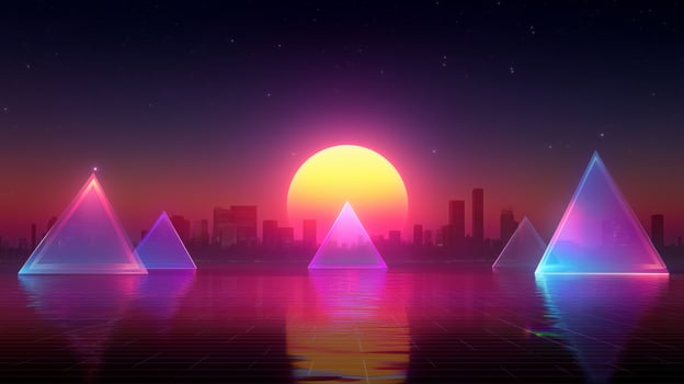 Colorful geometric shapes reflect on water during a vibrant sunset over a city skyline photo