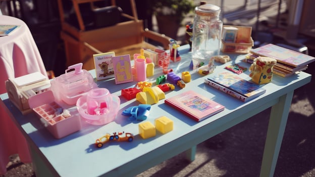 Colorful collection of vintage toys and trinkets displayed at a local outdoor market photo
