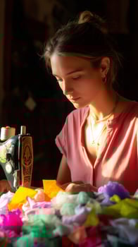 Crafting colorful creations at a sewing machine in a cozy workspace during the golden hour photo