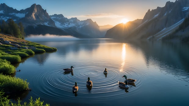 Ducks Swimming in Mountain Lake at Sunrise with Fog and Ripples photo